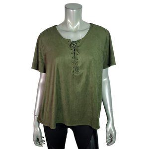Falls Creek Top Plus Sz 2X Faux Suede Lace Up Cropped Stretch Short Sleeve Green
